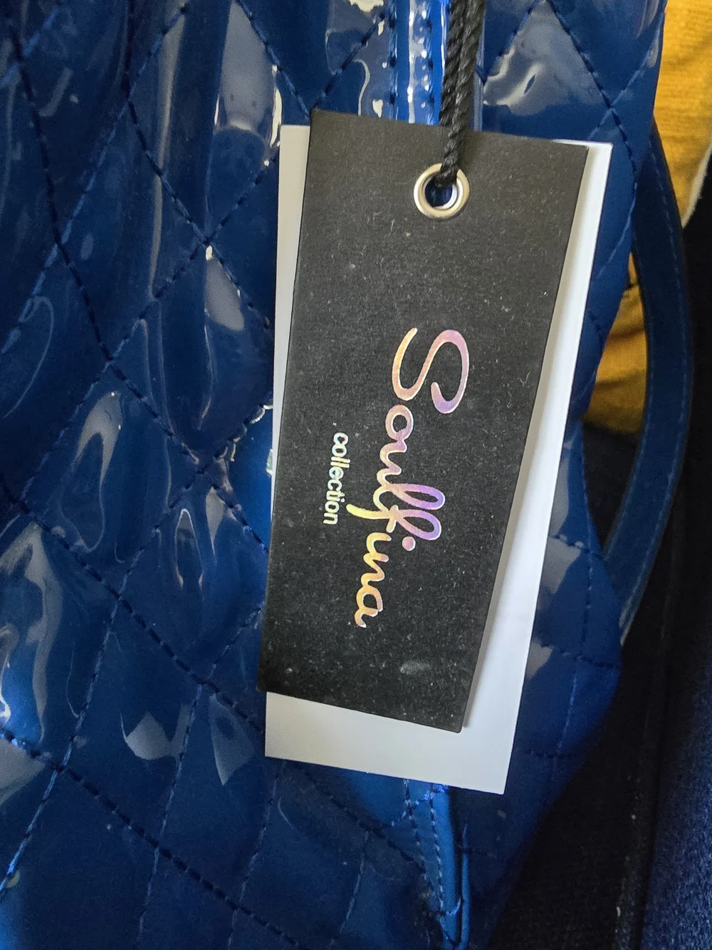 Blue Patent Quilted Satchel with 'QUEEN' Crystal Detail - Picture 6 of 6